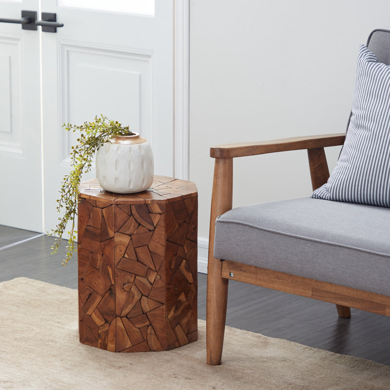 Kieran Teak Wood Handmade Octagon Geometric Side End Brown Accent Table with Mosaic Wood Chip Design