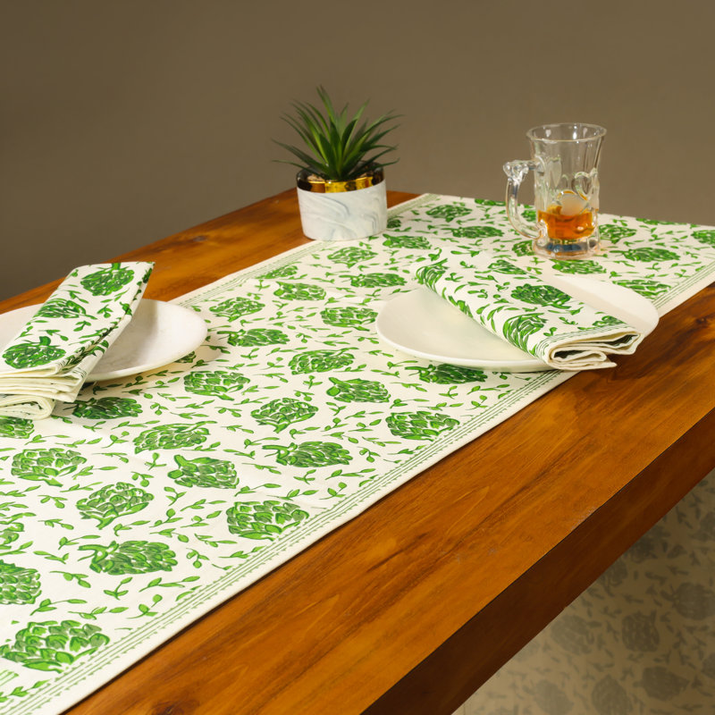Chemin de table vert en artichaut, Vert / Beige