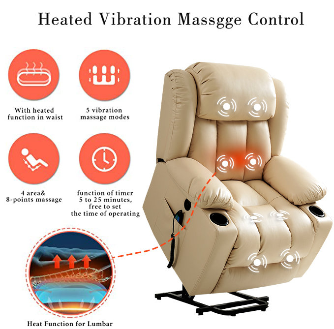 Large Power Lift Recliner Chair with Massage and Heat for Elderly, Beige Faux Leather