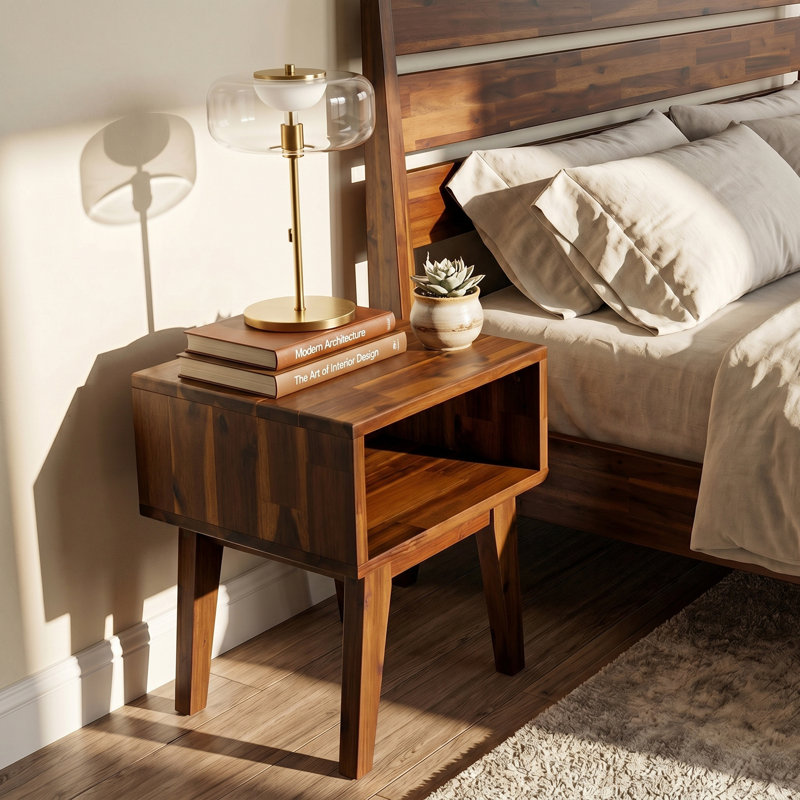 Acacia Serena Solid Wood Nightstand, Mid Century Modern Side Table Bedroom with Storage, Walnut