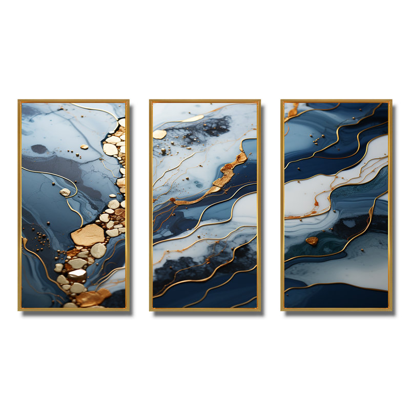 Décoration murale en marbre bleu et doré «River II», Cadre flottant doré, H 40 po x l 60 po x P 1 po