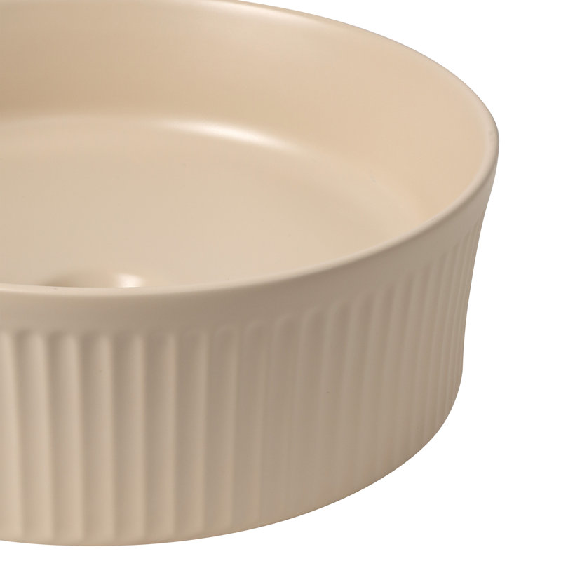 Lavabo vasque de salle de bain rond moderne en céramique cannelée l 14,75 po x P 14,75 po Element, Beige mat