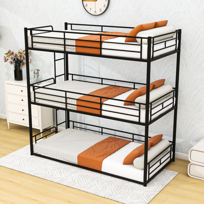 Metal Triple Bunk Bed with Guardrails, Noise-Reduced Slat System