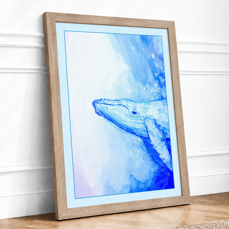 Whale in Blue Coastal 1 Piece Single Picture Frame Wall Art, A1 - 84.1 x 59.4 cm, Oak