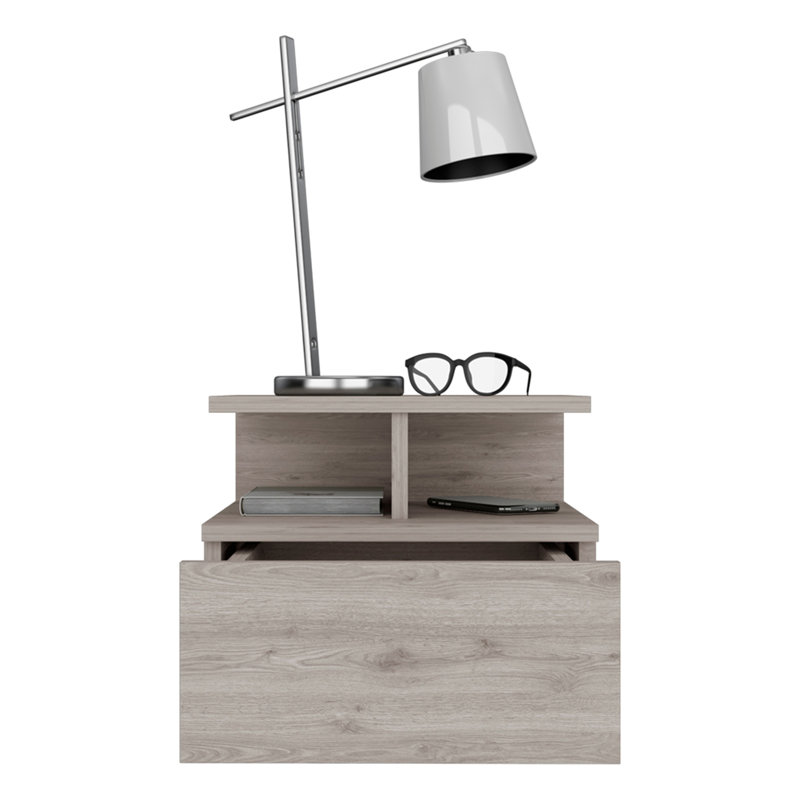 Table de chevet flottante Adele avec tiroir et tablettes de rangement ouvertes Adele, Gris