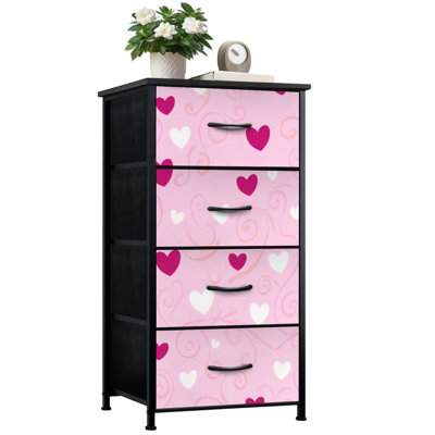 Commode pour chambre à coucher avec 4 tiroirs de rangement avec tourbillons roses, cœurs blancs, rouge foncé et commodes décoratives Commode en tissu pour chambre d'enfant