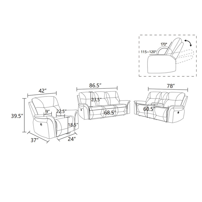 Ensemble de canapé inclinable 3 pièces