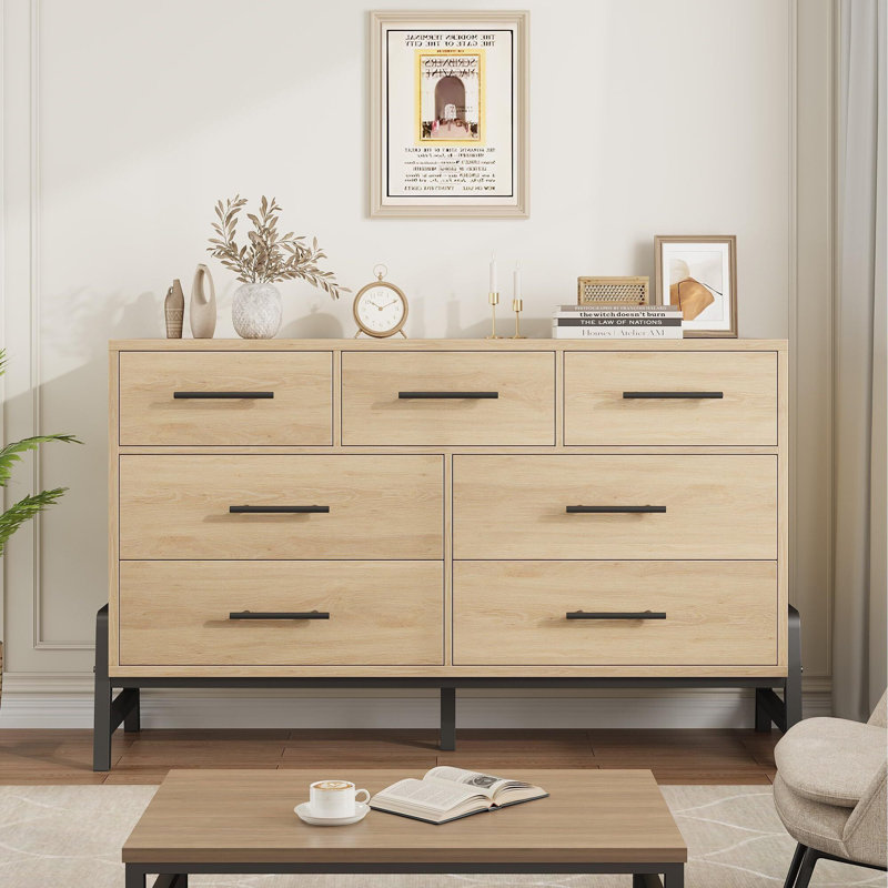 52-Inch Wide 7-Drawer Freestanding Wood Cabinet, Large Storage Unit for Closet Organization, Living Room or Entryway, Natural