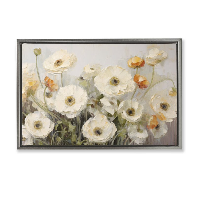 «White Ranunculus Blooms», toile flottante encadrée par Petals Prints Design, Cadre flottant gris lustré, H 21 po x l 31 po