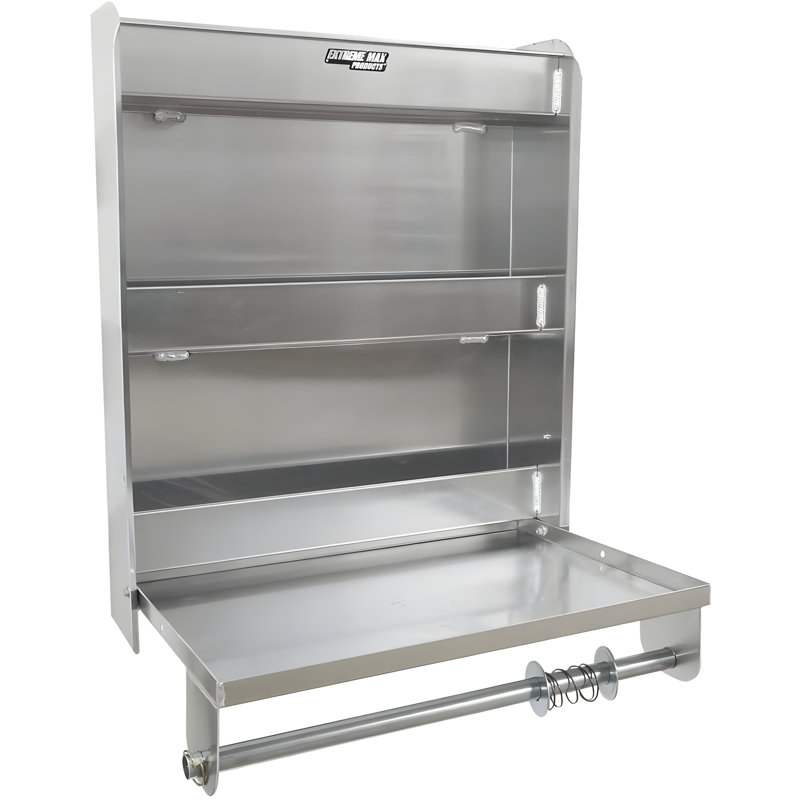 Aluminum Work Station Storage Cabinet With Flip-Out Work Tray And Paper Towel Rack Organizer For Garage, Shop, And Enclosed Trailers