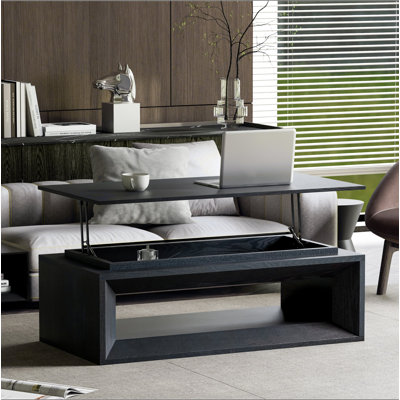 Table basse rectangulaire avec plateau relevable de 43,3 po avec rangement, table basse moderne en placage de bois et panneau de fibres à densité moyenne avec plateau flottant, plateau de table convertible pour salon, bureau à domicile