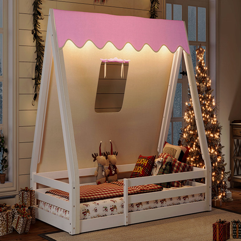 Twin Size House Floor Bed Frame With Tent And Light, Solid Wood Materialen Frame Material Teepee Floor Bed Frame With Full-Length Guardrails, Montessori And Childlike Style Design+Pink