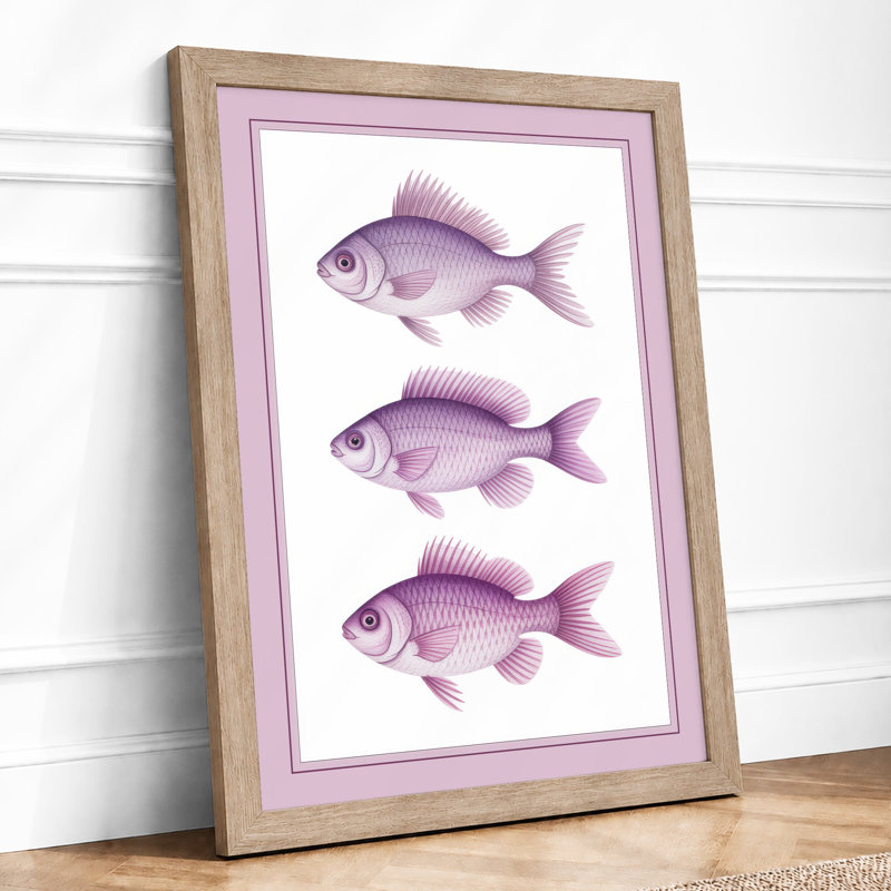 Three Purple Fish Japandi - Framed Print, Oak, A3 - 42.0 x 29.7 cm