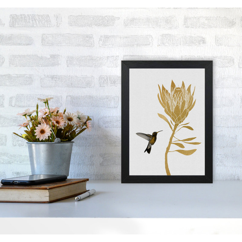 Hummingbird & Flower I - Print, 30 cm H x 21 cm W x 5 cm D, White Grain Frame