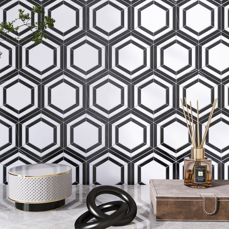 Carrelage mosaïque en marbre poli hexagonal 10,63 po x 12,01 po Interspace, Noir / blanc