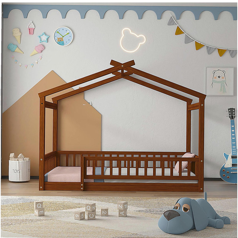 Structure de lit simple en bois avec clôture, pour enfants, adolescents, filles, garçons, noyer