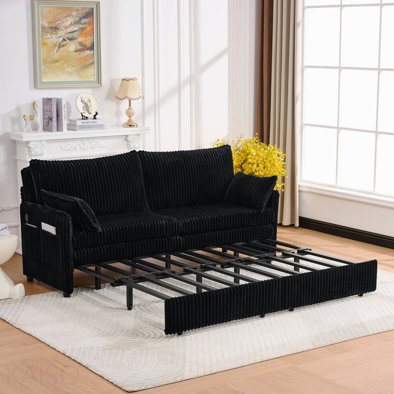 Canapé-lit convertible de 73 po, lit escamotable, canapé 3 en 1 avec poche latérale et ports USB, canapé en velours côtelé moderne pour le salon, petit espace, appartement, chambre à coucher, noir