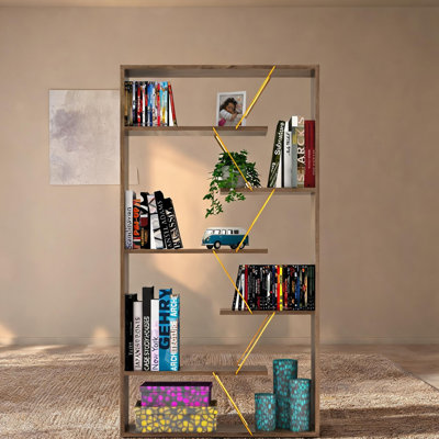 Office and Living Room 8 x 33 x 62 Inch Open Back Etagere Bookcase Industrial Modern Solid Wood Rich Brown Large Storage Organizer