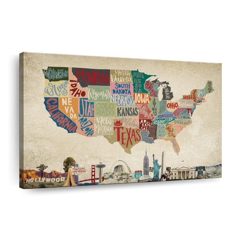 Carte rétro des États-Unis sur toile, H 30 po x l 45 po x P 1,25 po