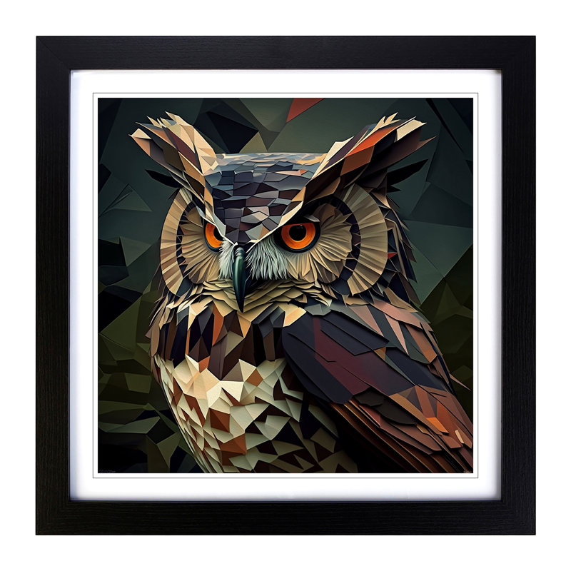 Owl Cubism - Single Picture Frame Print on Wood, Black
