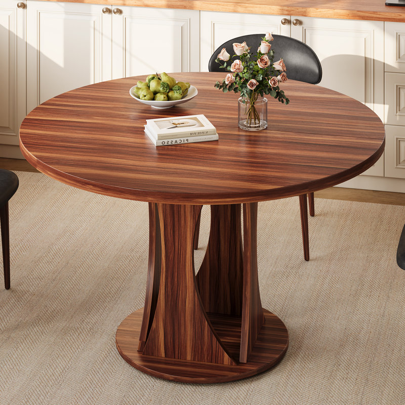  Table de salle à manger de 47,2 po pour 4 à 6 personnes, table de salle à manger avec base double courbée et panneau arrière à boucle, table de salle à manger circulaire moderne pour cuisines, salles à manger, salons, noyer