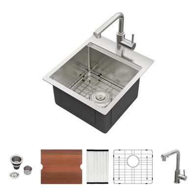 Évier de cuisine à cuve simple à montage sur plan en acier inoxydable de calibre 16 avec robinet escamotable encastrable à cuve simple L 15 po x l 17 po