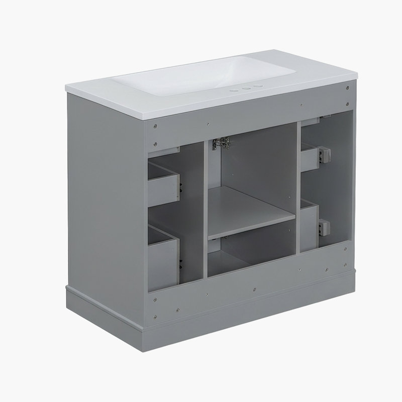 Meuble-lavabo moderne gris sur pied de 91 cm (36 po) en bois massif et MDF, avec lavabo simple en céramique, 6 tiroirs, armoire et quincaillerie complète.
