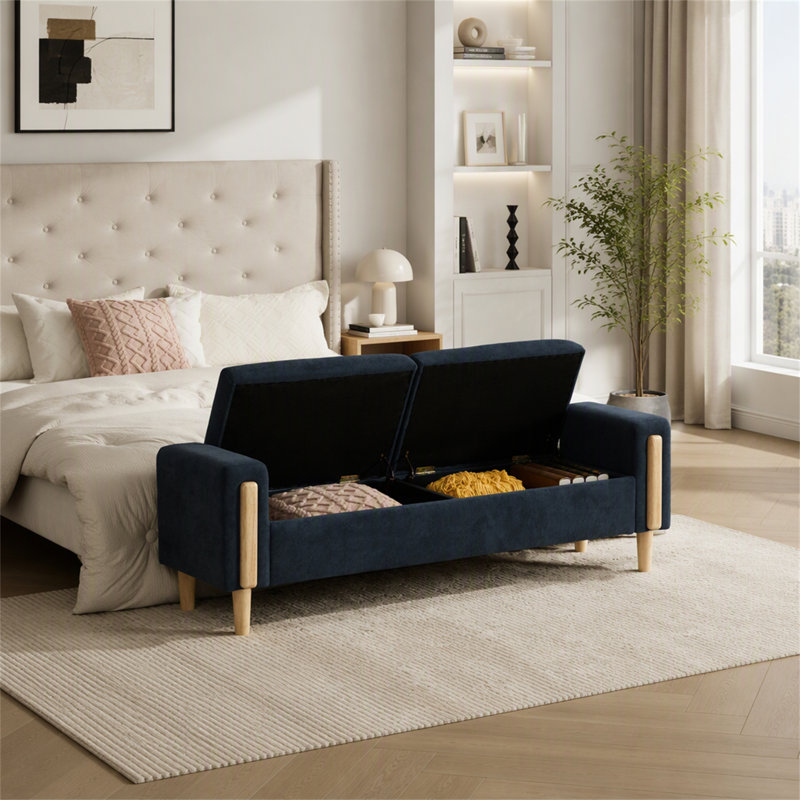 Banc de rangement moderne rembourré avec double couvercle et accoudoirs pour une organisation polyvalente du salon et de la chambre