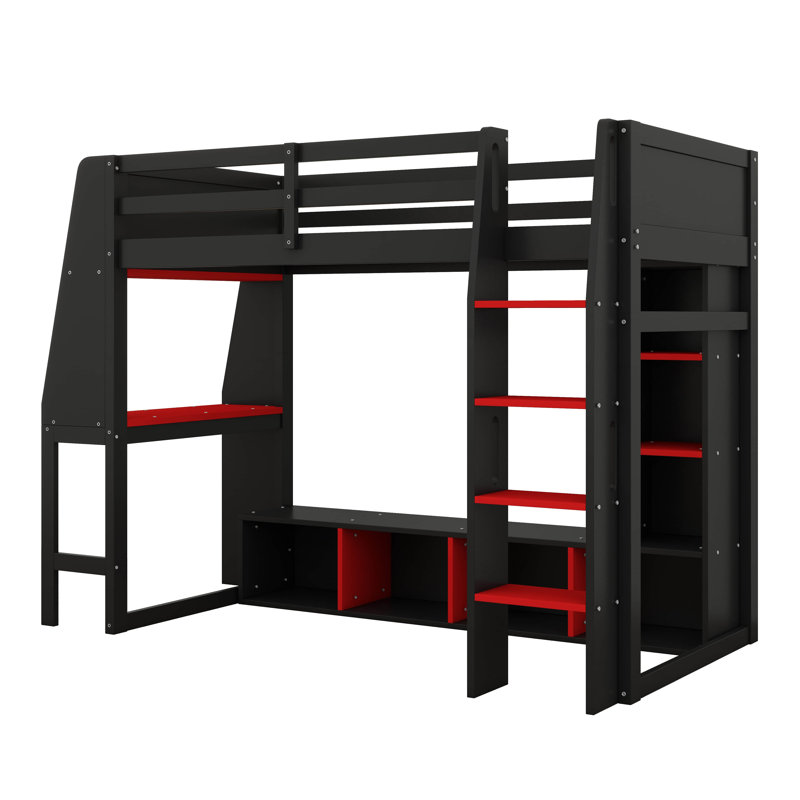 Lit mezzanine simple avec bureau, étagères à rangement multiples, support à vêtements à DEL et à suspendre, cadre de lit en bois