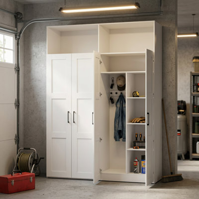 86.6'' H X 63.1'' W X 19.7'' Garage Storage System with 4 Doors, Hooks, Open Shelves, and Tall Storage Compartment