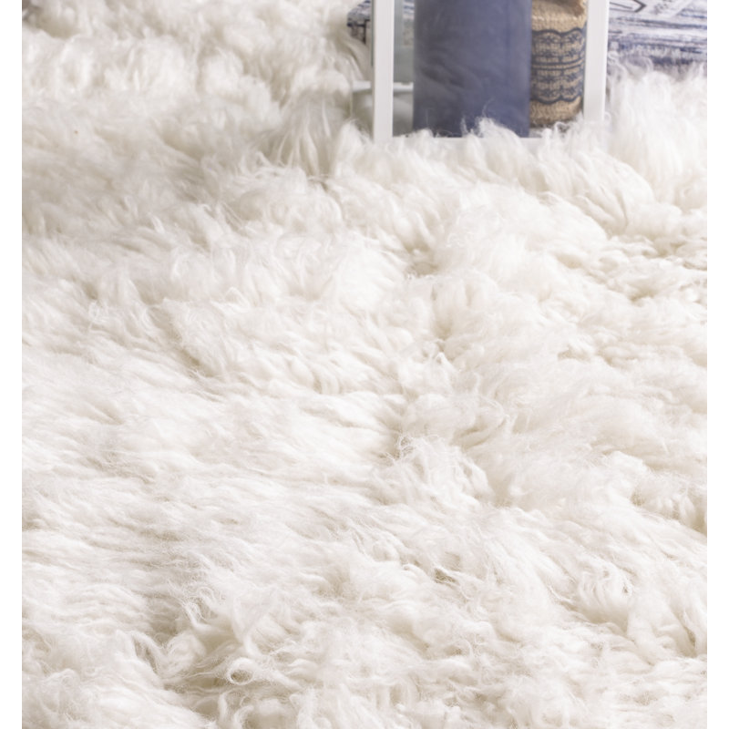 Tapis blanc en laine à poils longs Stonec chiffre, Rond 5 pi