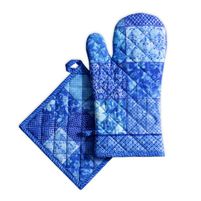 Gant de cuisine + manique 100 % coton Indigo Love Maison d'Hermine - 7,5 po x 13 po et 8 po x 8 po