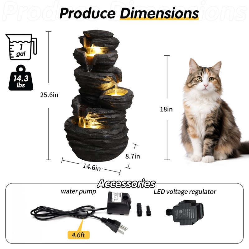 mdj pottery Outdoor Water Fountain, 25.6" Tall Resin Waterfall Fountain with LED Lights, 4-Tiered Rock Cascading Fountain for Patio Garden Decor - Black