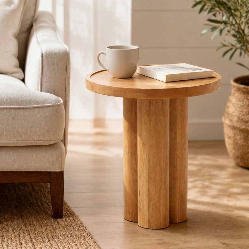 Round Solid Wood End Table,Natural