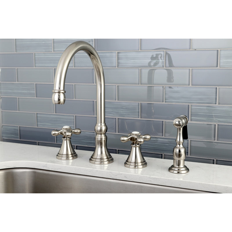 Kingston Brass Governor Double-Handle 4-Hole Widespread Kitchen Faucet with Brass Sprayer, Brushed Nickel