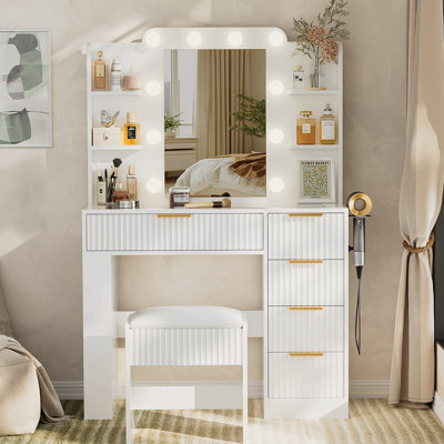 Vanity Table With Mirror And Lights, Vanity Desk And Cushioned Stool Set With Charging Station, Storage Drawers And Transparent Tabletop