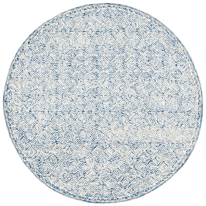 Basham Geometric Handmade Tufted Wool Navy/Cream Area Rug, Round 5'