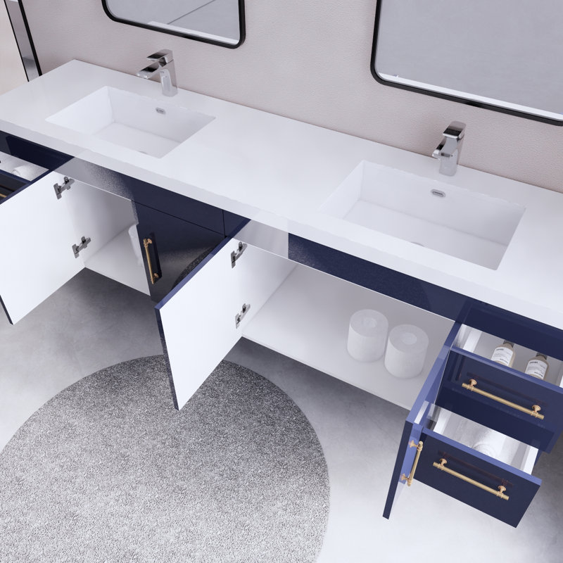 Mapleview 83.46'' Double Bathroom Vanity with Acrylic Top, Navy Blue