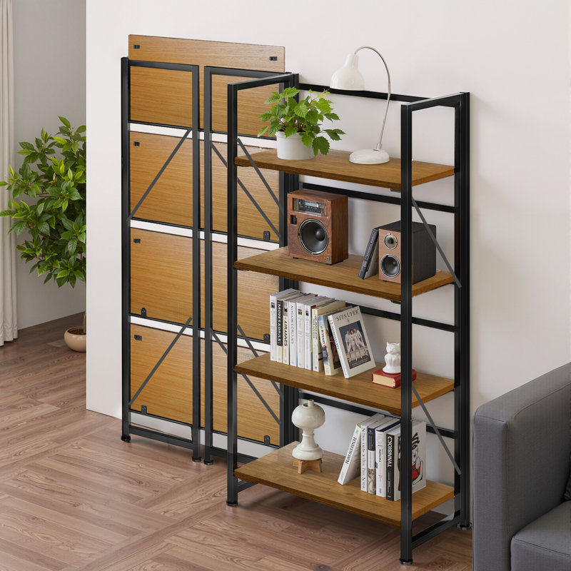 4-Tier Foldable Bookshelf With Metal Frame, No-Assembly Storage Shelves & Plant Display Rack For Home Office, Light Oak