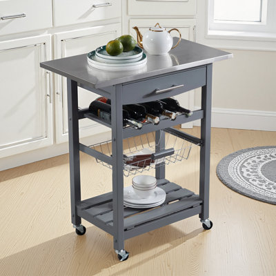Mobile Indoor Kitchen Island Trolley Serving Cart with Stainless Steel Marble Top Underneath Drawer Slide-Out Wire Storage Basket Wine Rack Lockable Casters