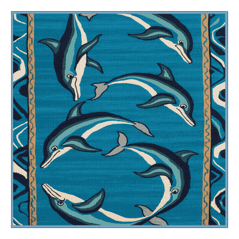  Washable Leaping Dolphins Hawaiian Area Rug, Square 4'