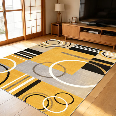 Tapis à motif géométrique abstrait à motif géométrique abstrait jaune et noir de 1 pièce pour le salon, doux et confortable, convenant à toutes les saisons, facile à entretenir, lavable à la machine, tapis de ferme sous la table convenant à la 