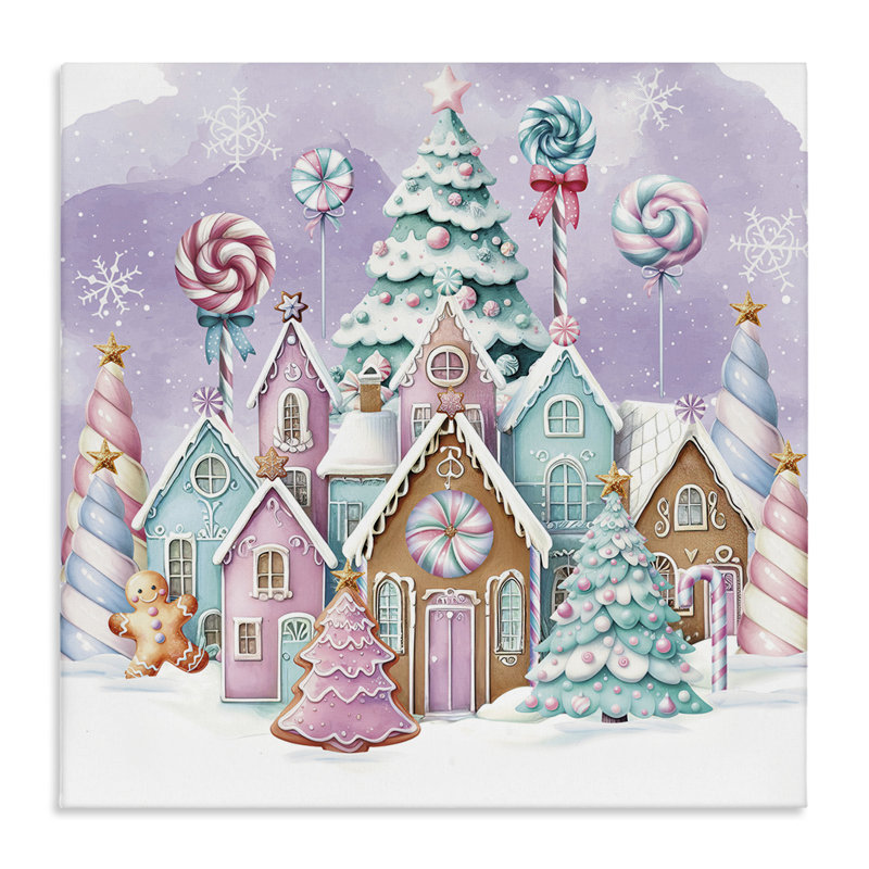 «Gingerbread Candy Town», art mural sur toile par Nicole DeCamp, H 17 po x l 17 po