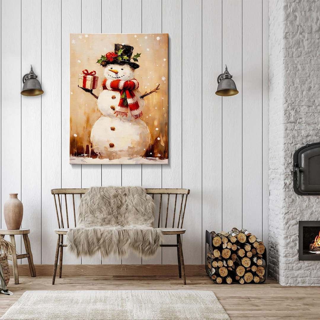 Rustic Snowman With Gift Box Christmas Canvas Wall Art - Humorous Winter Scene Framed Print For Bathroom & Bedroom Decor, Cozy Farmhouse Christmas Wal