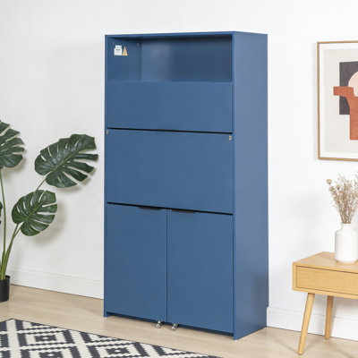 Garde-manger compact, buffet de 69 po de hauteur avec huche et poste de travail pliable, armoire de rangement multifonctionnelle avec tablette réglable et prise de courant pour la salle à manger, le salon, bleu foncé
