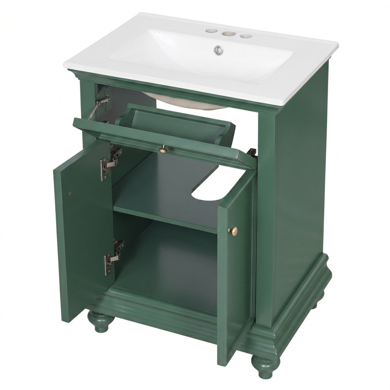 Meuble-lavabo moderne de 24 po avec tiroir rabattable, vert, rangement étagé et personnalisé, structure à dossier ouvert et pieds tournés en boule, fonctionnement silencieux