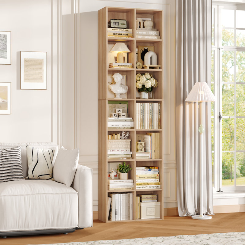 Nyajiah Cube Bookcase with Adjustable Shelves, 70.8" H x 19.6" W White Wood Modern Media & CD Storage, Oak