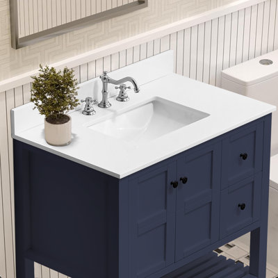 Comptoir de salle de bain en quartz blanc pur de 91 cm (36 po) avec lavabo encastré, dosseret et dosseret inclus (base de meuble-lavabo non incluse)