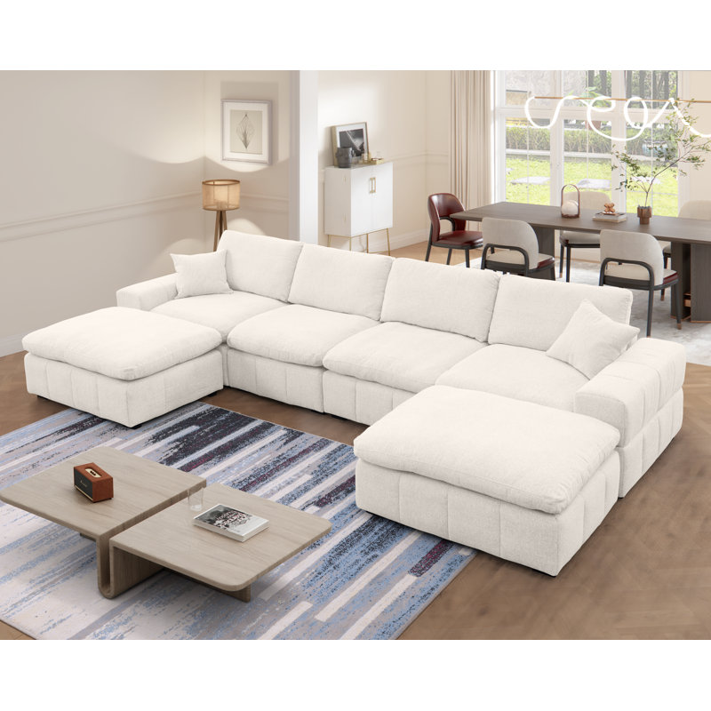 Upholstered Chenille Modular U-sectional Sofa With Two Oversized Ottomans, Beige Chenille