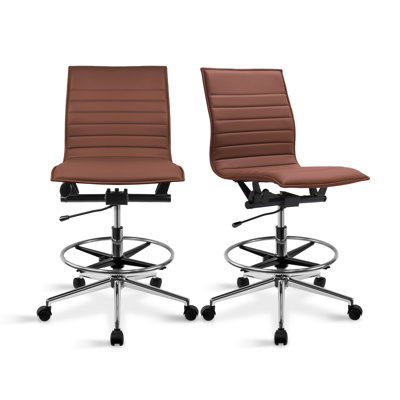 Set of 2 Modern Drafting Chair | Upholstered PU Leather Ribbed Armless Mid Back with Tall Adjustable Base & Leg Rest Swivel, Home, Executive, Conferen by Hokku Designs